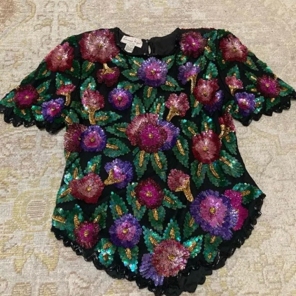 Vintage 90s Laurence Kazar Multicolor Floral Sequin Silk Short Sleeve Top Size L